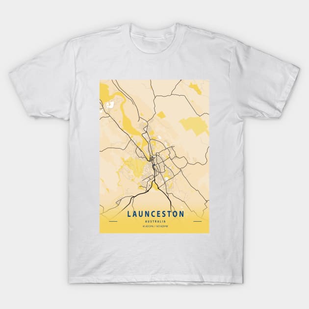 Launceston - Australia Yellow City Map T-Shirt by tienstencil